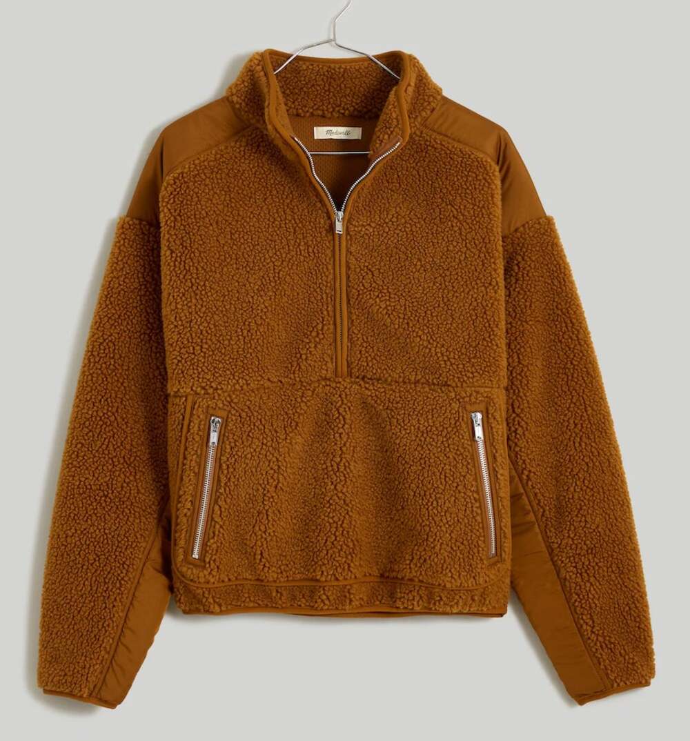 Madewell Faux Shearling Half-Zip Pullover Size Small Dried Cedar Teddy Cozy